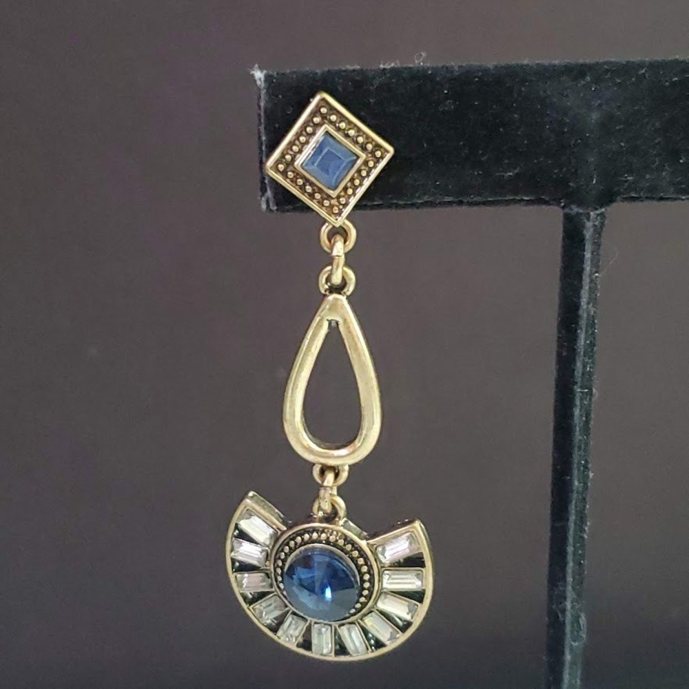 Art Deco Style Blue Rhinestone Fan Drop Earrings Antique Gold Tone Egyptian